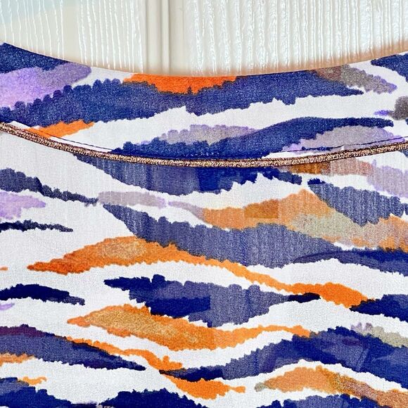 Democracy Tiger Print Top Size XL Long Ruche Sleeves Gold Trim Sheer Loose Fit - Picture 4 of 8